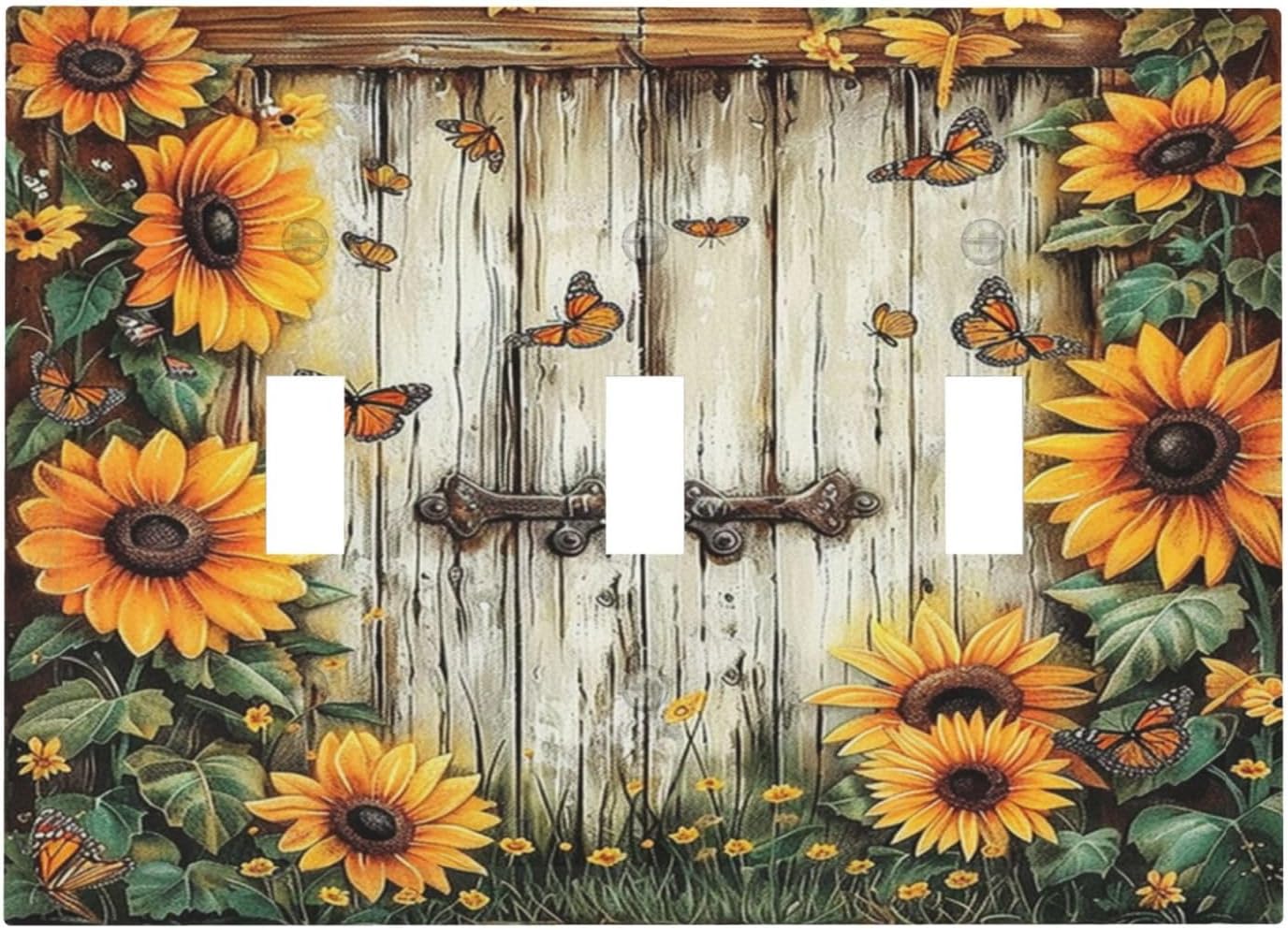 Decorative Switch Covers Plate Sunflower Vintage Wood Barndoor 3 Gang Wall Plate Oversized Triple Toggle Light Switch Plate Jumbo Faceplate for Farmhouse Bedroom Home Decor