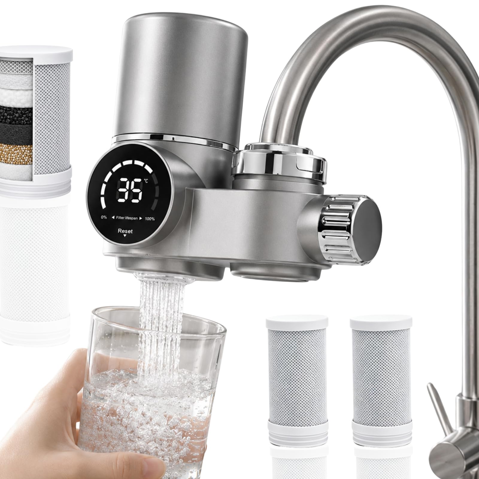 Rankomu Water Filter Tap with 3 Filter, NSF 53 Purification Effect Certified, Chemical-Free UV Light Digital Faucet Filtration System, 7-Stage Filtration – Reduces Chlorine, Limescale & Sediment