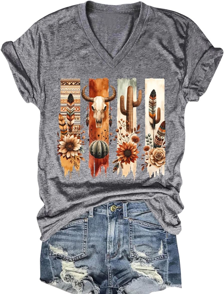 Cowgirl Shirts for Women Vintage Western Rodeo Graphic Tee Short Sleeve Tops Western Cow Skul Tee