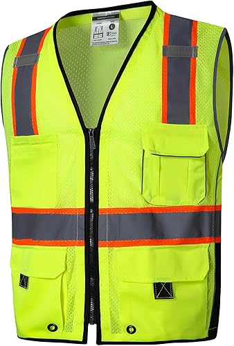 SKSAFETY Chaleco de Seguridad de Nivel Profesional de 10 Bolsillos, Chaleco de Seguridad de Alta Visibilidad Clase 2 con Cremallera, Chaleco de Alta