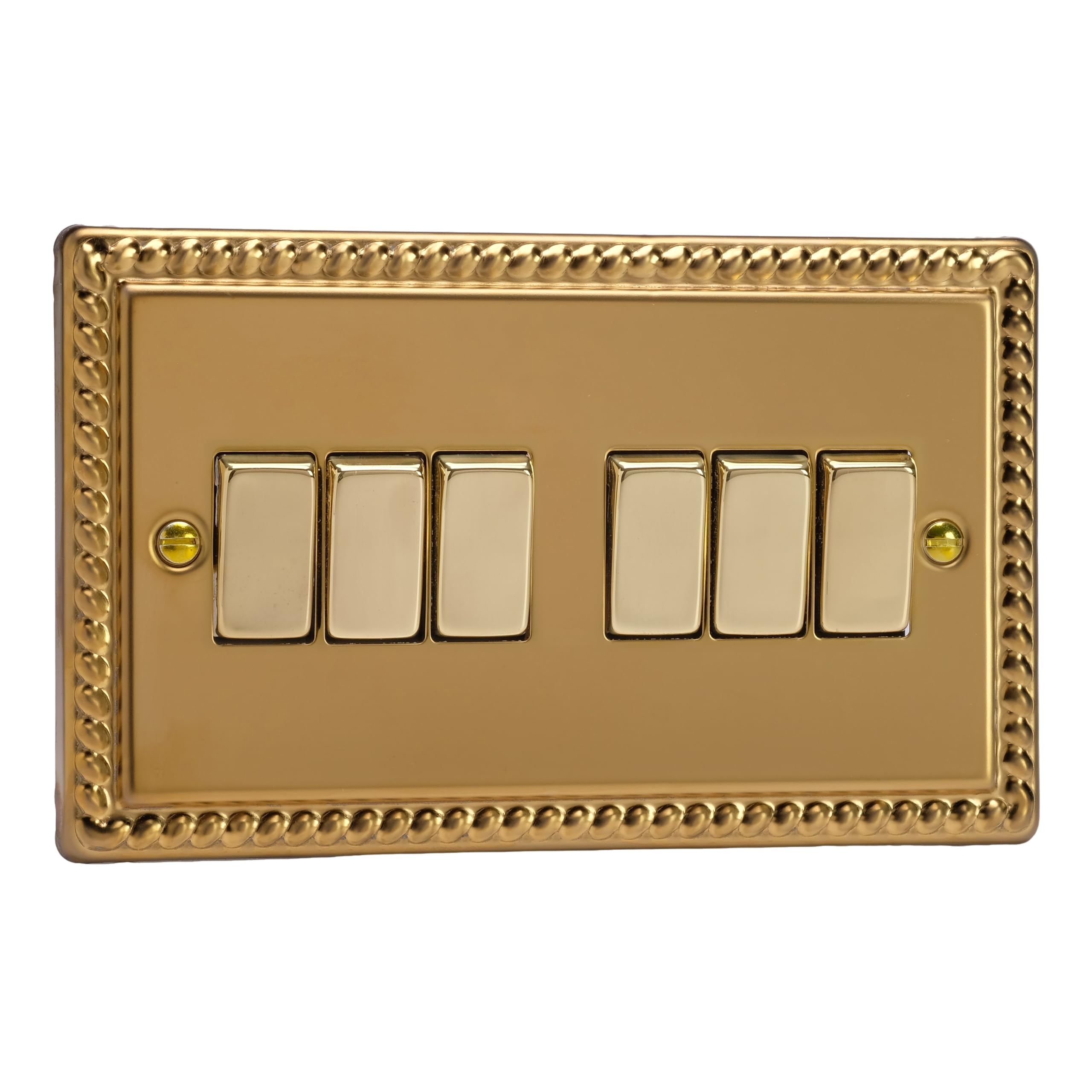 Varilight 6-Gang Rocker Light Switch 2-Way - Classic Georgian Brass With Polished Brass Rockers, XG96D, 95x155x25mm