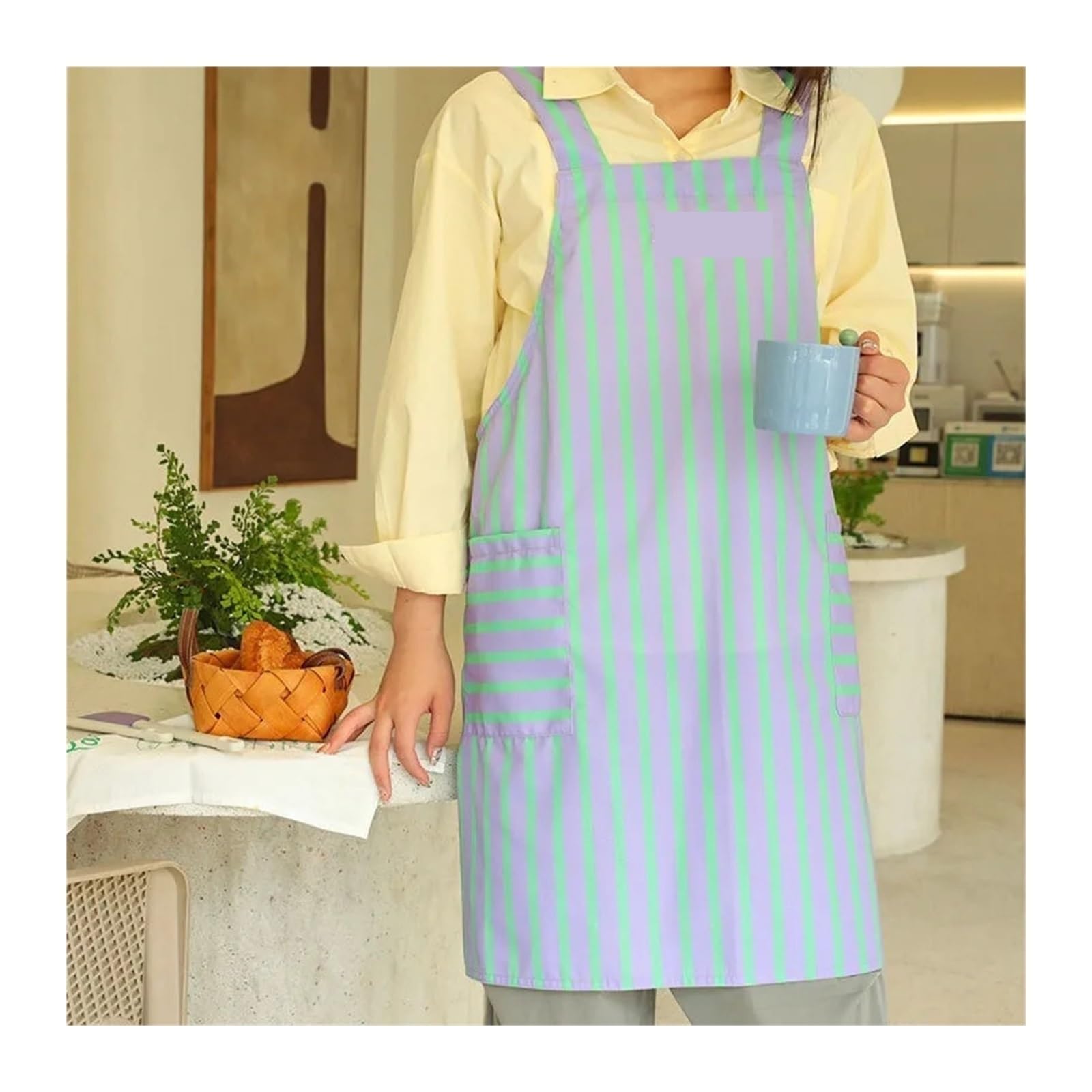 delantal Delantal a rayas de algodón y poliéster impermeable for verano, con bolsillo espalda cruzada, cocina for mujer, limpieza, trabajo horneado