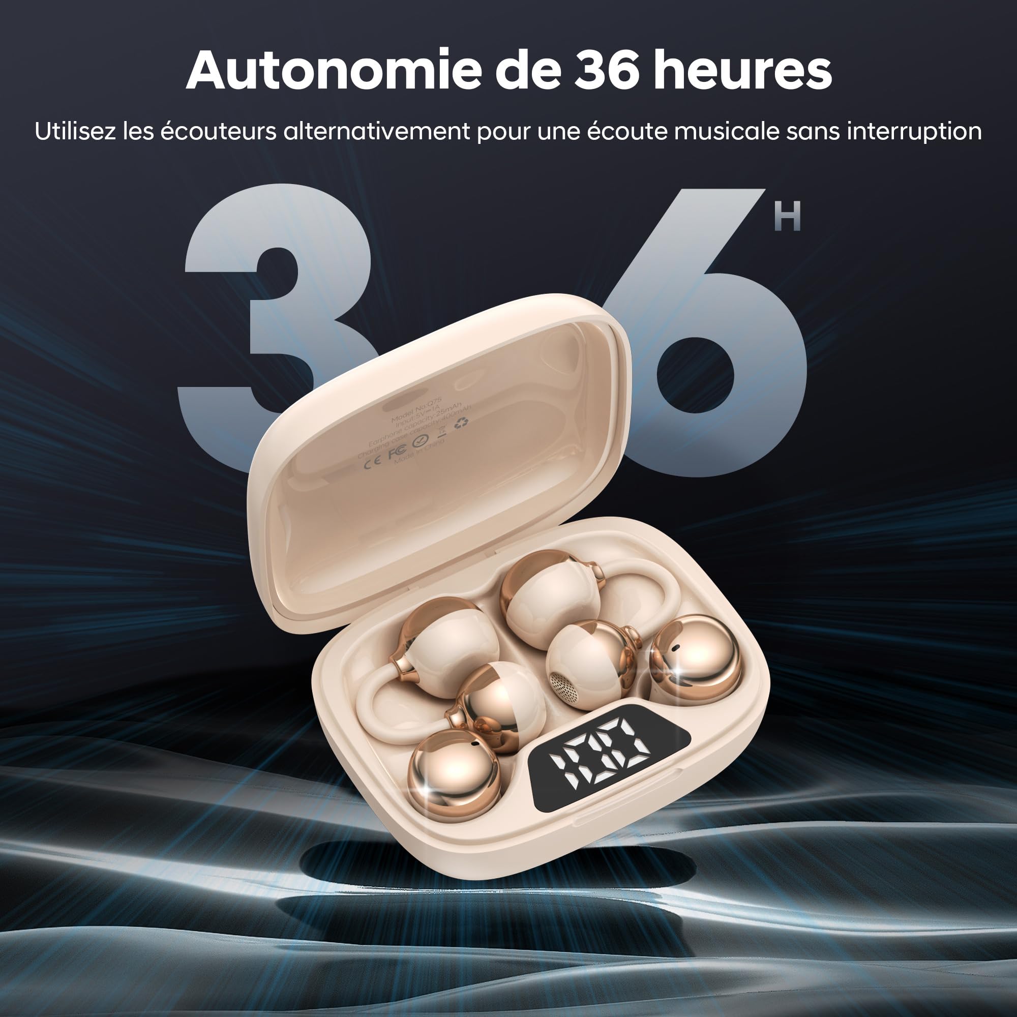 Écouteurs Ouverts et Casque Bluetooth sans Fil avec 36 Heures d'Autonomie, Graves Puissants, Ultra-Compact et IPX5, pour Le Travail, Le Sport et Le Sommeil, Mode d'Utilisation Jour/Nuit(Or Classique)