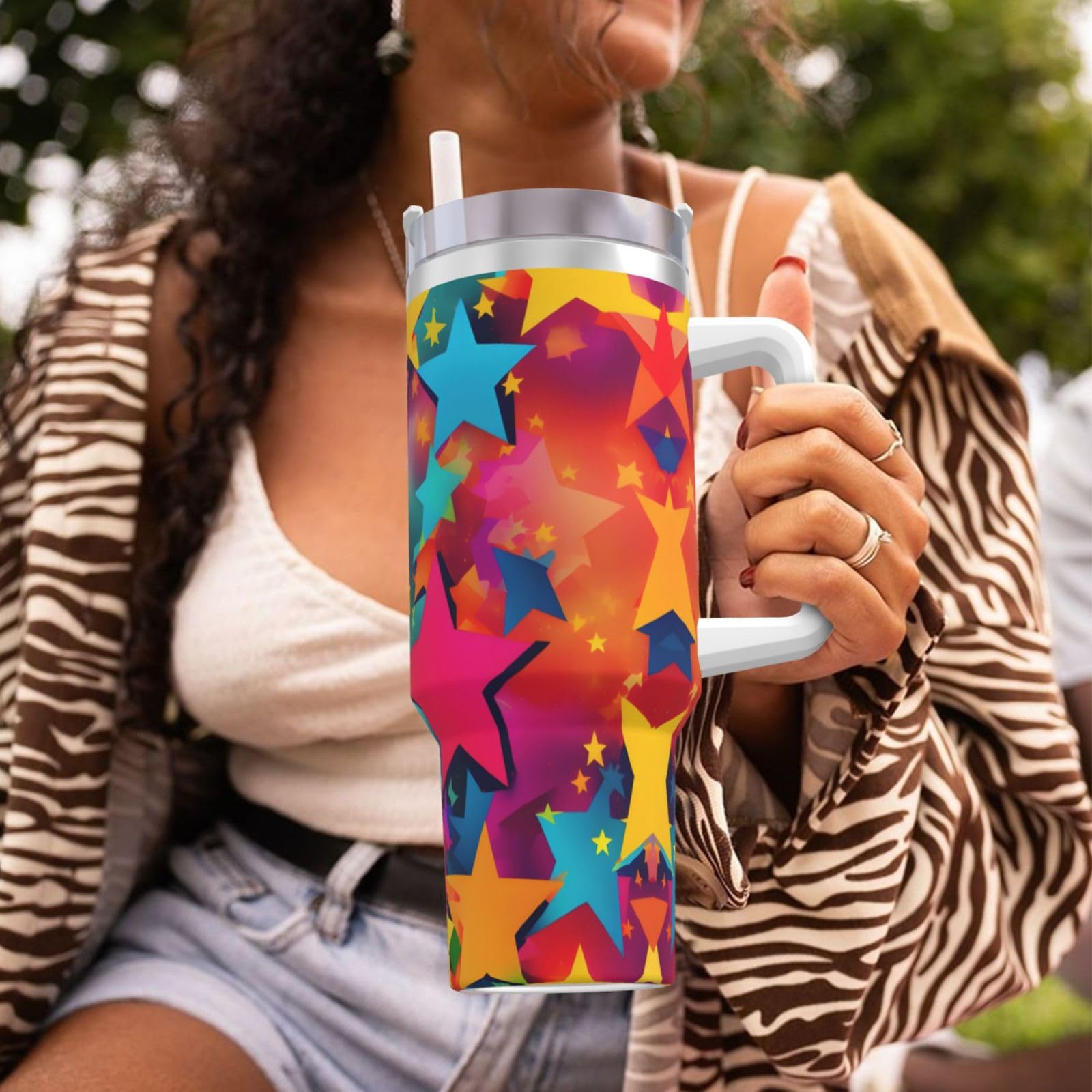 Rainbow Stars Ice Bully Doppelwandige isolierte Wasserflasche mit Griff und Strohhalm-Deckel, 1,2 l