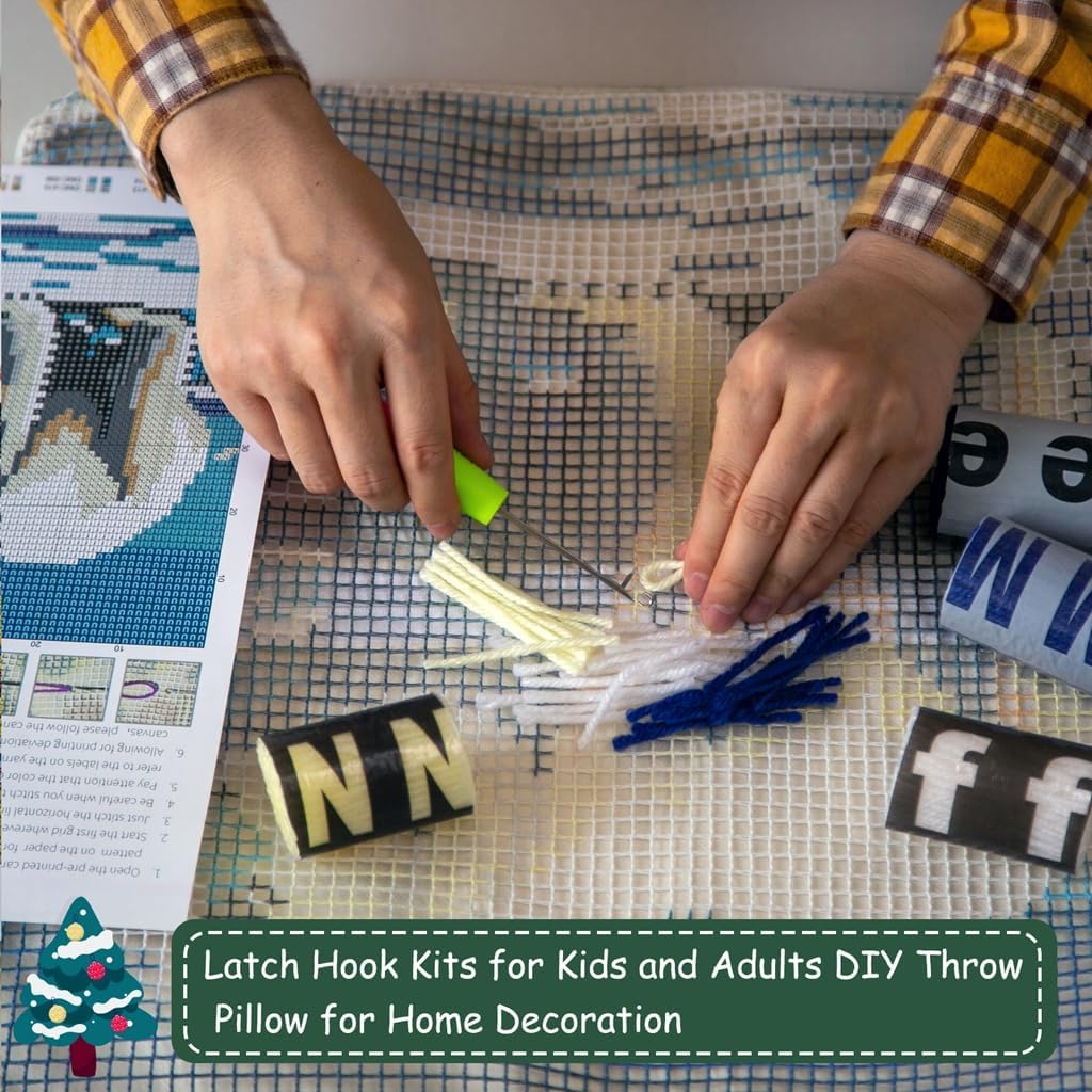 DL-YTG Latch Hook Kits Pillow Polar Bear Crochet Yarn Cushion Colour Printed Canvas Rug Needlework DIY Pillowcase Hook and Latch Kit Christmas Home Arts Crafts Sofa Decoration 42x42cm/16X16inch