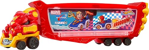 Hot Wheels RacerVerse Marvel Hulkbuster Hauler, transporta y almacena hasta 10 vehículos de juguete, cabina desmontable con casco abatible y figura