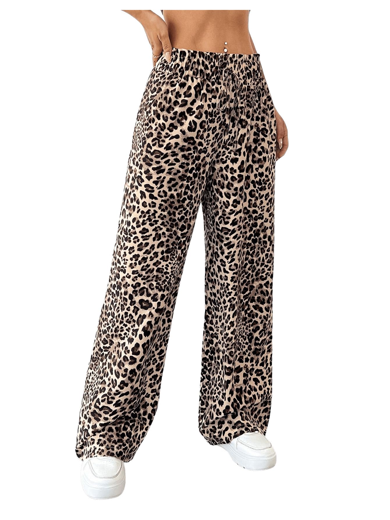 GORGLITTER Womens Leopard Cheetah Print Pants Trendy Animal Wide Leg Elastic Waist Drawstring Loose Joggers Pant