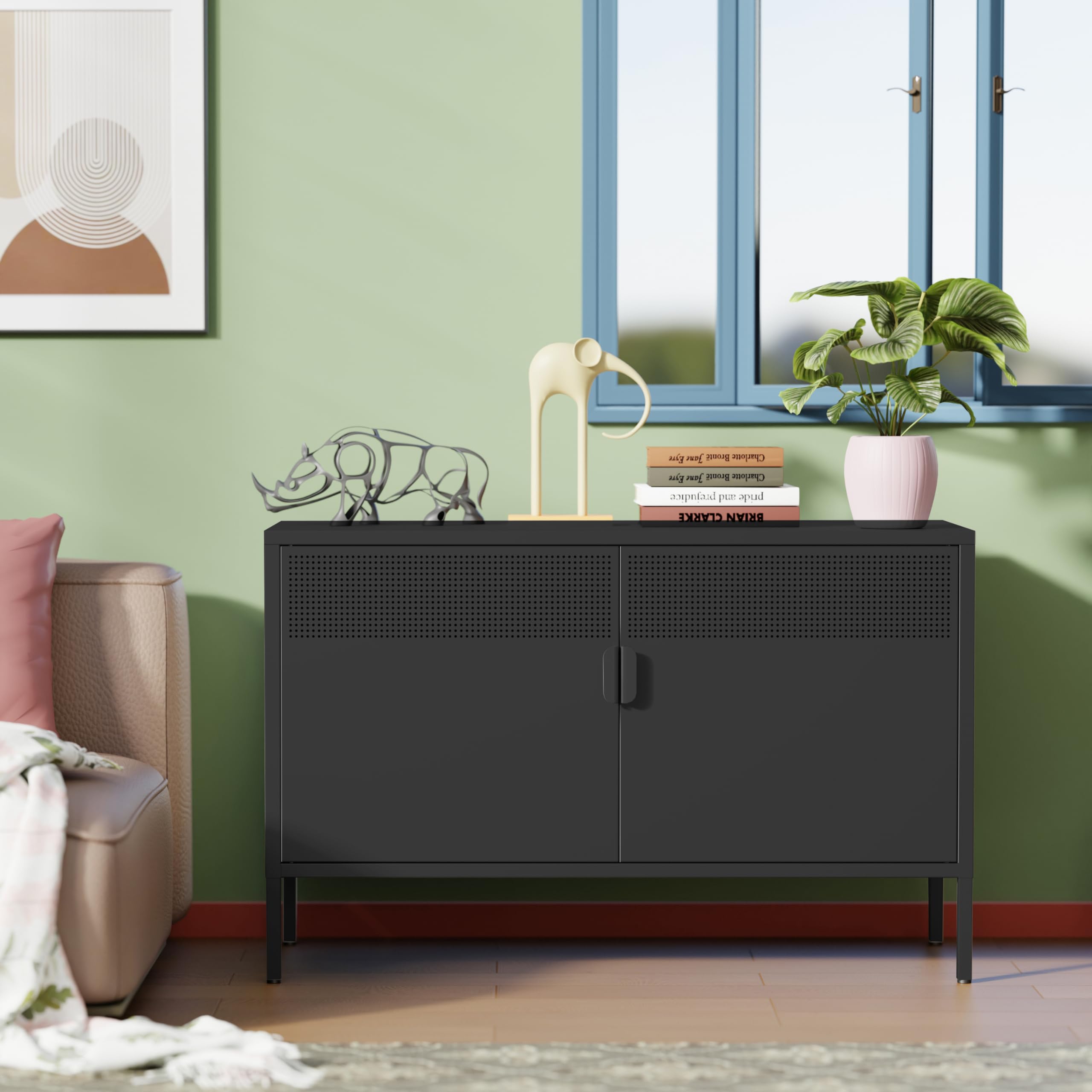 Metall Kommode 100 cm Breit, Aufbewahrungsschrank Sideboard mit 2 Mesh Türen, Metallschrank in Schwarz, Mehrzweckschrank mit flexiblen Einlegeböden, Aktenschrank & Büroschrank für zu Hause und Büro