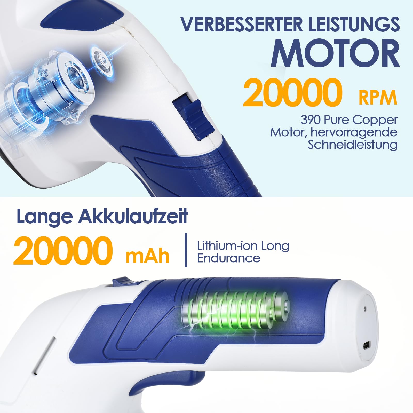 Geevorks Gartenschere Akku 7,2V Grün, Handliche Grasschere Mit 2 Messern, 2.000mAh Akku,2 in 1 Heckenschere, Schnittbreite 12cm, Schnittlänge 20cm