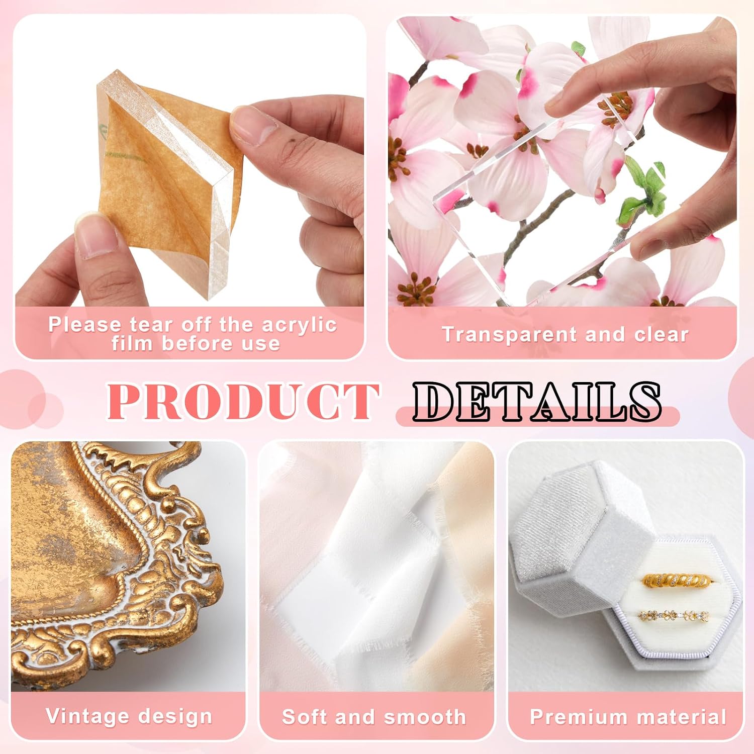 Cinnvoice 20 Piece Flat Lay Photography Props Set for Jewelry & Wedding Details, Vintage Jewelry Tray, Acrylic Display Blocks, Velvet Ring Box & Styling Fabrics