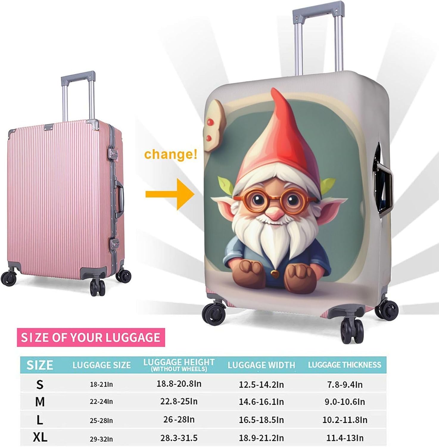 Cute Gnome Luggage Cover, Protective Washable Suitcase Cover With Concealed Zipper Fits 18 To 32 Inch
