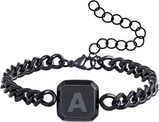 Bellino Initial Cuban Link Bracelet for Mens Bracelet Squre A-Z Letter Adjustable Size Stainless Steel Men Jewelry Birthday for adults him Husband Dad Brother Son