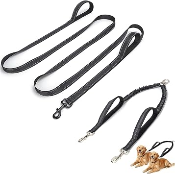 10FT Double Leash, Heavy Duty Leash for Medium Large Dogs, No-Tangle 360 Swivel, Bungee Shock Absorption & 2 Padded Handles- Black