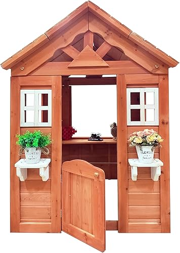 Miniatura 2 de Casa de juegos de madera para niños de 3 a 6 años, casa de juegos al aire libre con puerta, 2 ventanas, 3 estaciones de servicio, estante y soporte