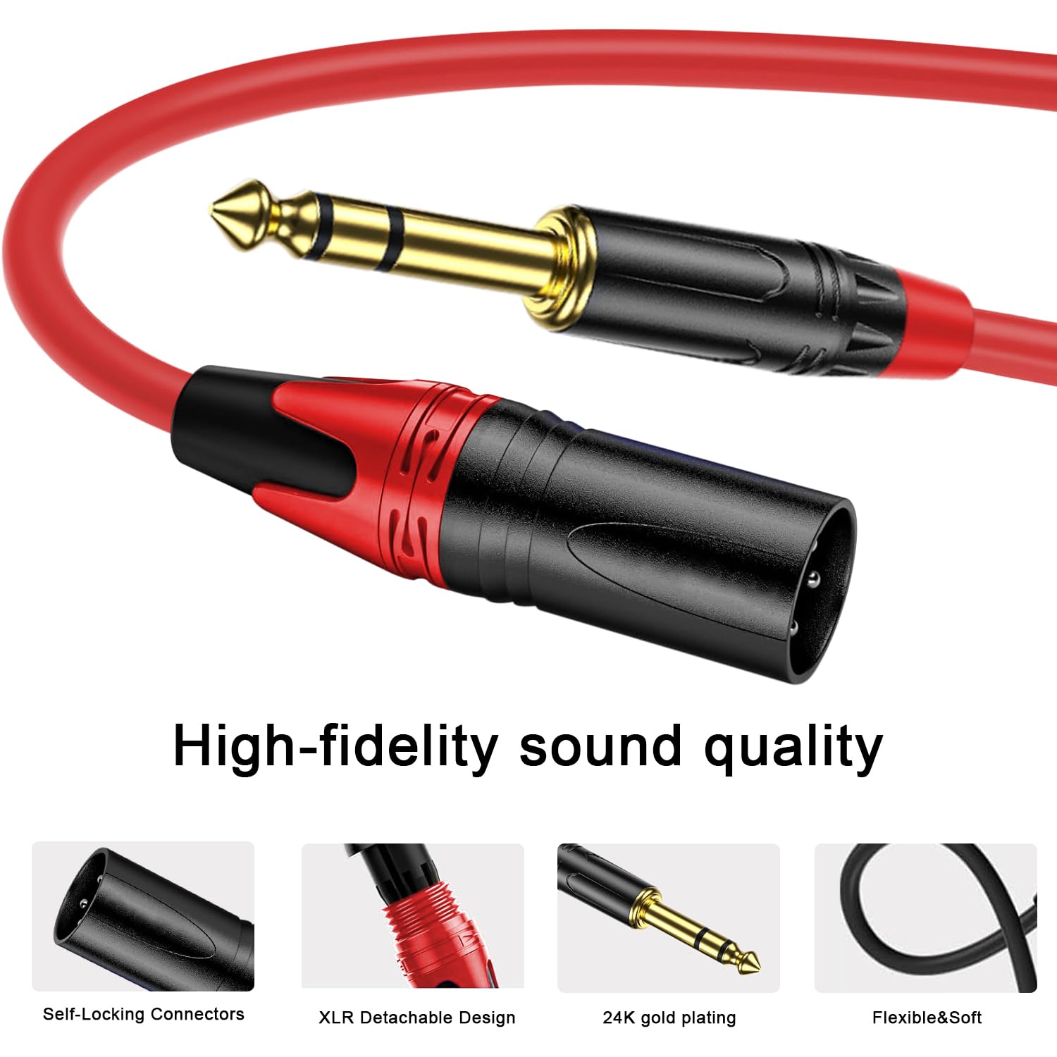 XLR macho a 1/4 (6,35 mm) TRS mono Jack Cable de 6.6 pies, paquete de 2, rojo y verde, para micrófono dinámico, cable de micrófono equilibrado XLRon de 3 pines a TRS, conductores chapados