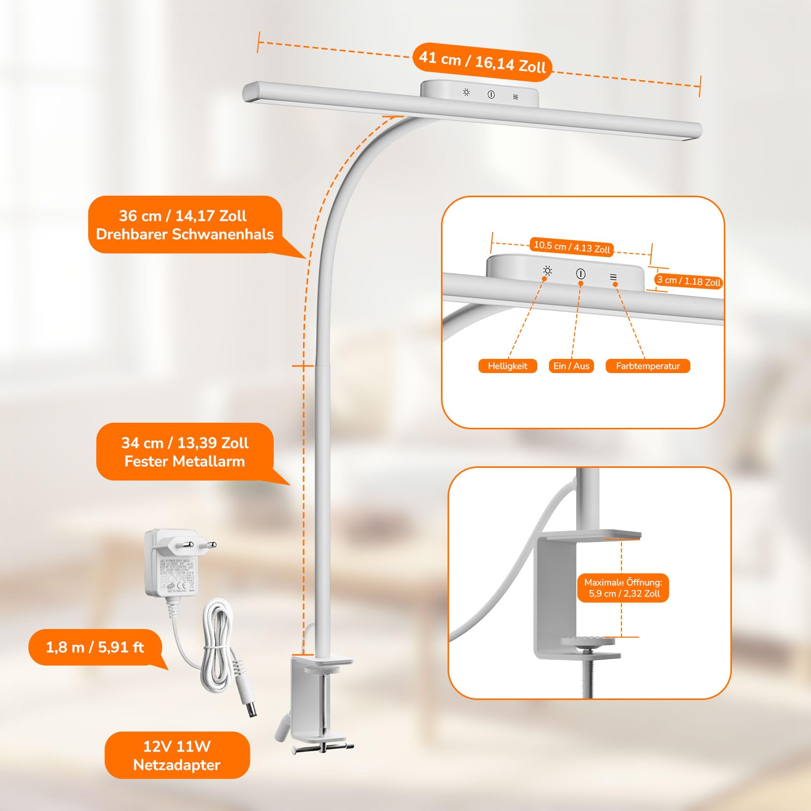 Lepro 11W Schreibtischlampe LED Klemmbar, Dimmbar und Augenschonende Schreibtisch Lampe, 5 Farbtemperaturen und 5 Helligkeitsstufen, mit flexiblem Schwanenhals, für Home Office & Büro, Weiß