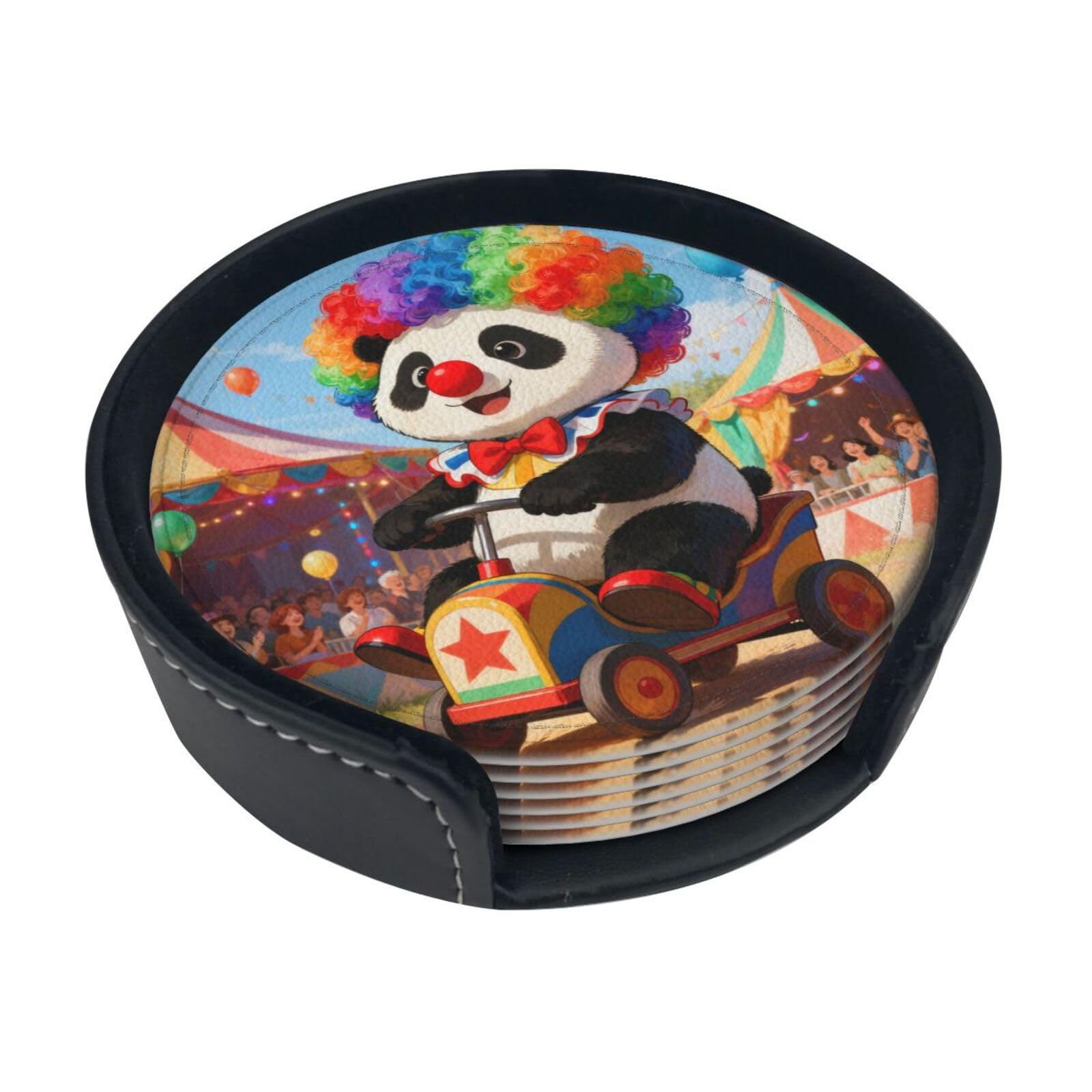 Cntdbu White Panda Clown Leather Coasters Set Of 6-Pu Leather Drink Mats For Table, Heat Resistant Round Coasters With Holder