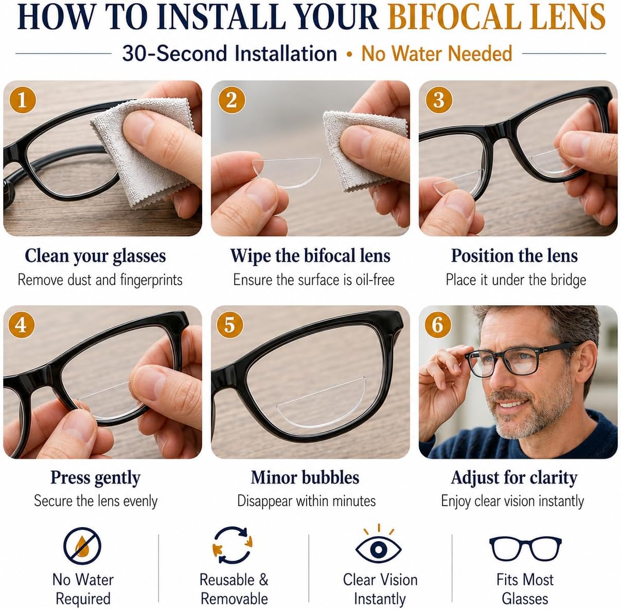 Stick on Bifocal Lenses for Sunglasses, Reusable Stick on Readers for Glasses, No Water or Glue Needed