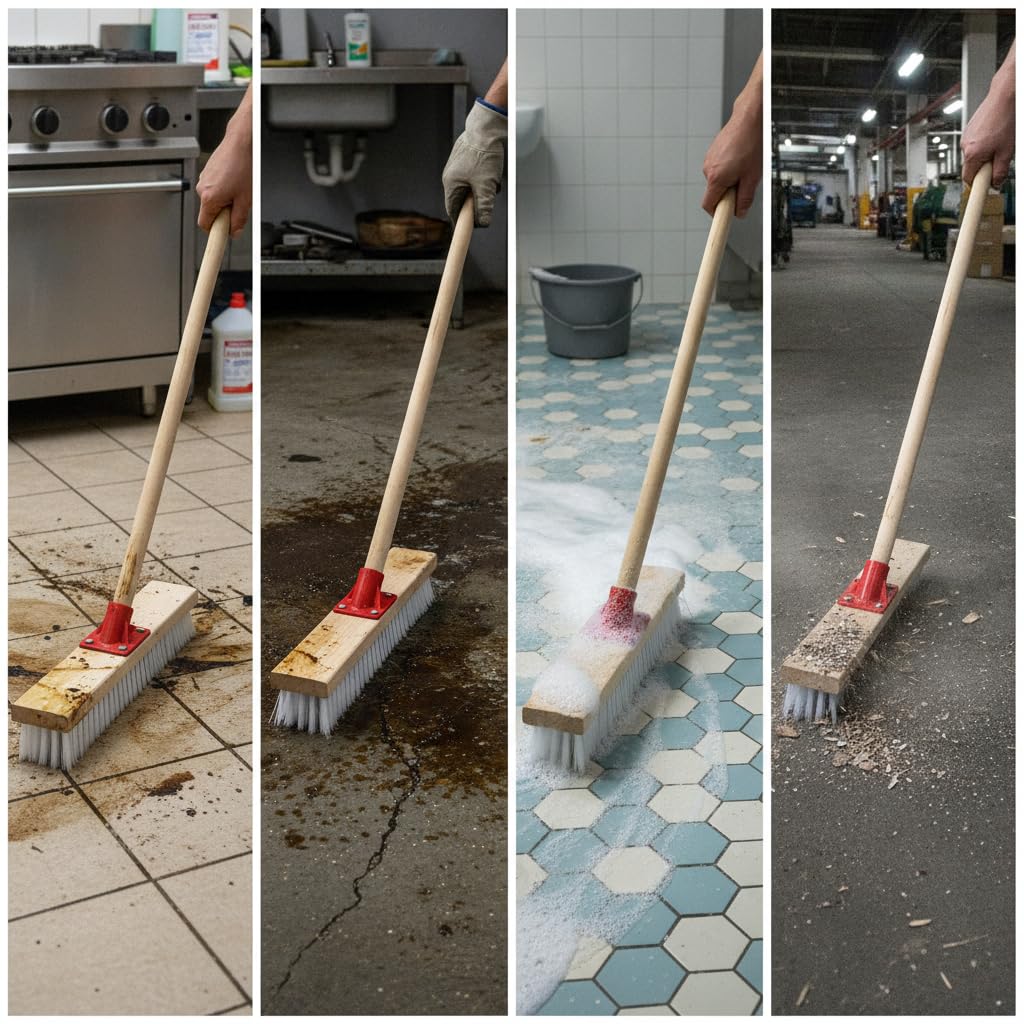 Cepillo para Fregar Suelos Cerdas Nylon Eficaces para Restregar Pisos Duros Azulejos y Lechada en Cocina Baño y Garaje Acuado para Mantenimiento l Hogar, Cepillo Suelo 60cm con Mango