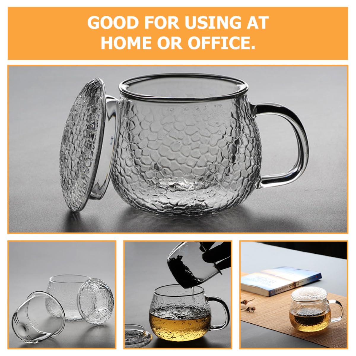 TOYANDONA Taza de Té Gruesa de Vidrio con Diseño Martillado Set de 3 Piezas con Infusor y Tapa Taza con Asa para Oficina y Hogar Filtro para Té Suelto Multiusos 350 Ml