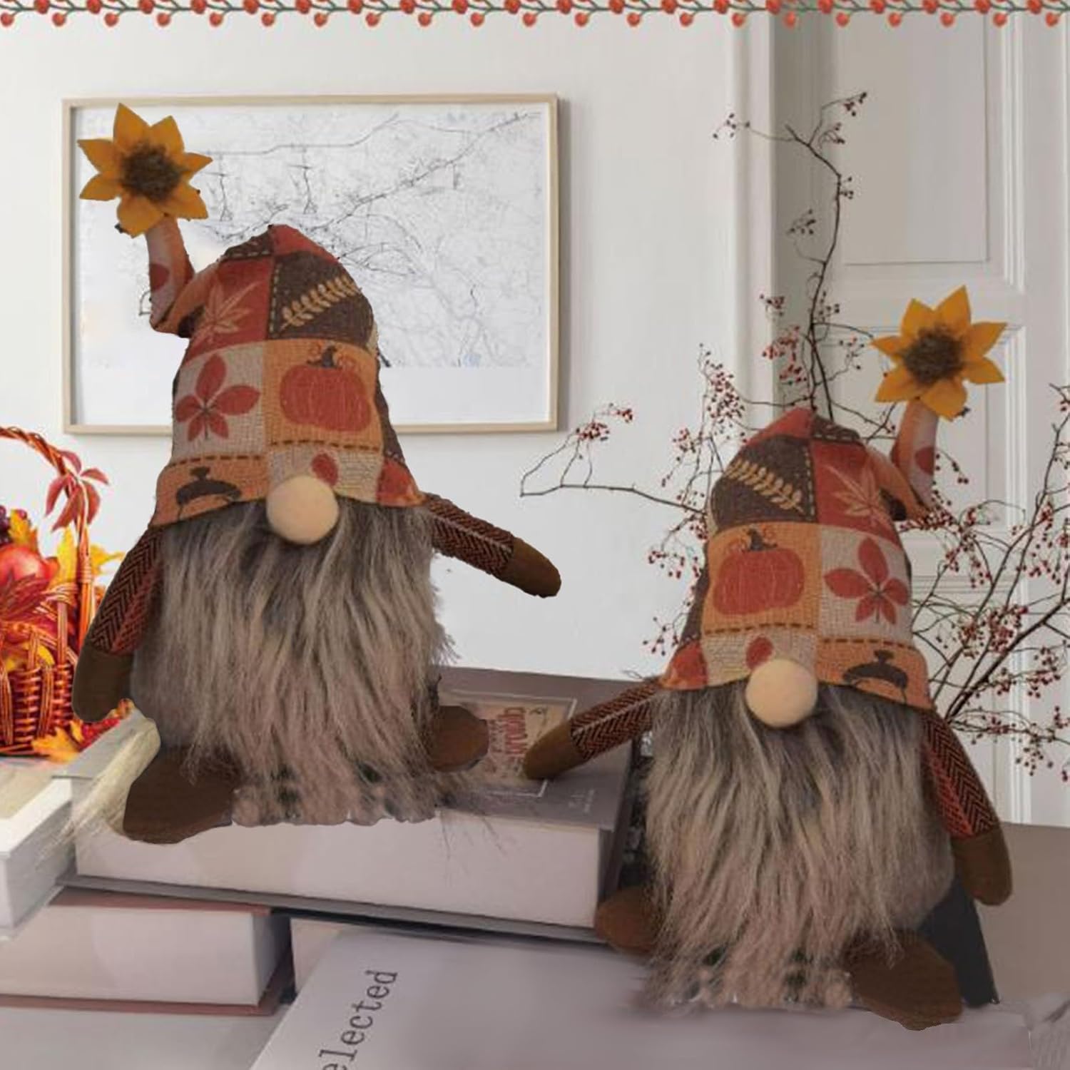 2PCS 14.5inch Thanksgiving Gnome Plush Decorations Handmade Fall Scandinavian Tomte Figurine with Linen Pumpkin Maple Leaf Printed Hat Cute Elf Tiered Tray Decor Autumn Gifts (Brown 1)