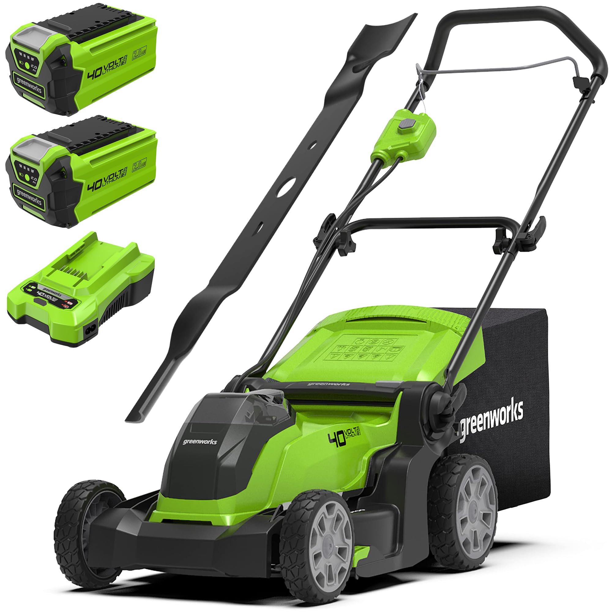 Greenworks 40V Kabelloser Akku Rasenmäher für Flächen bis zu 500 m², 41 cm Schnittbreite, 50-Liter-Sack Plus Zwei 40 V 2Ah-Akkus mit Ladegerät-G40LM41K2X + Greenworks Original 41cm Ersatzmesser