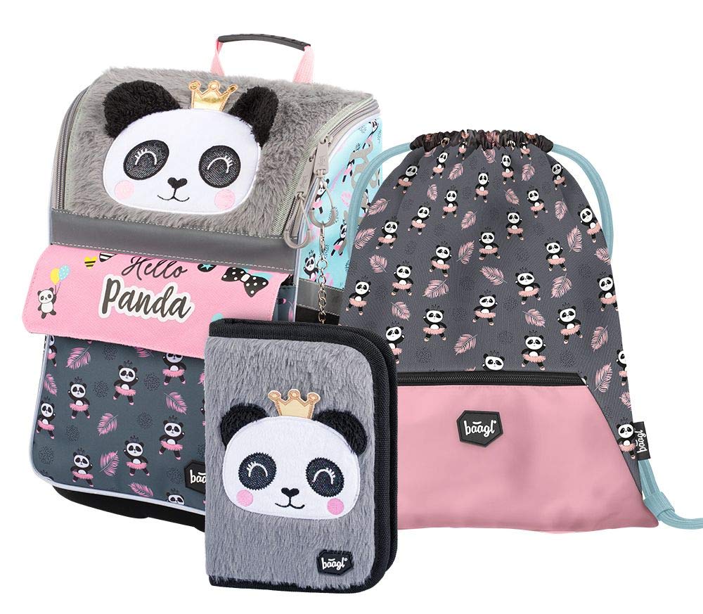 Baagl Set da 3 Pezzi Zaino Scuola Primaria con Cintura sul Petto, Zainetto Ergonomico per Bambini, Panda, 37x28cm