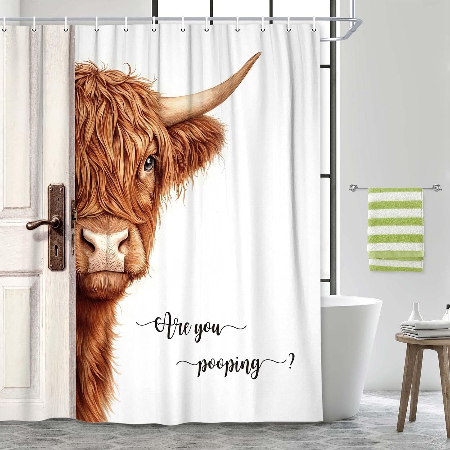 JAWO Funny Highland Cow Shower Curtain, Modern Rustic Farmhouse Cow Waterproof Bath Curtain, Cute Animal Fun Art Bathroom Decor, 60X72 INCH with Hooks
