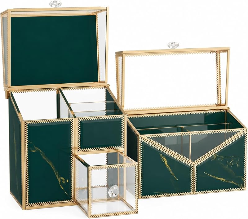 Organizador de maquiagem CoralHouse em vidro verde com tampa e porta-batons, conjunto com 2 peças