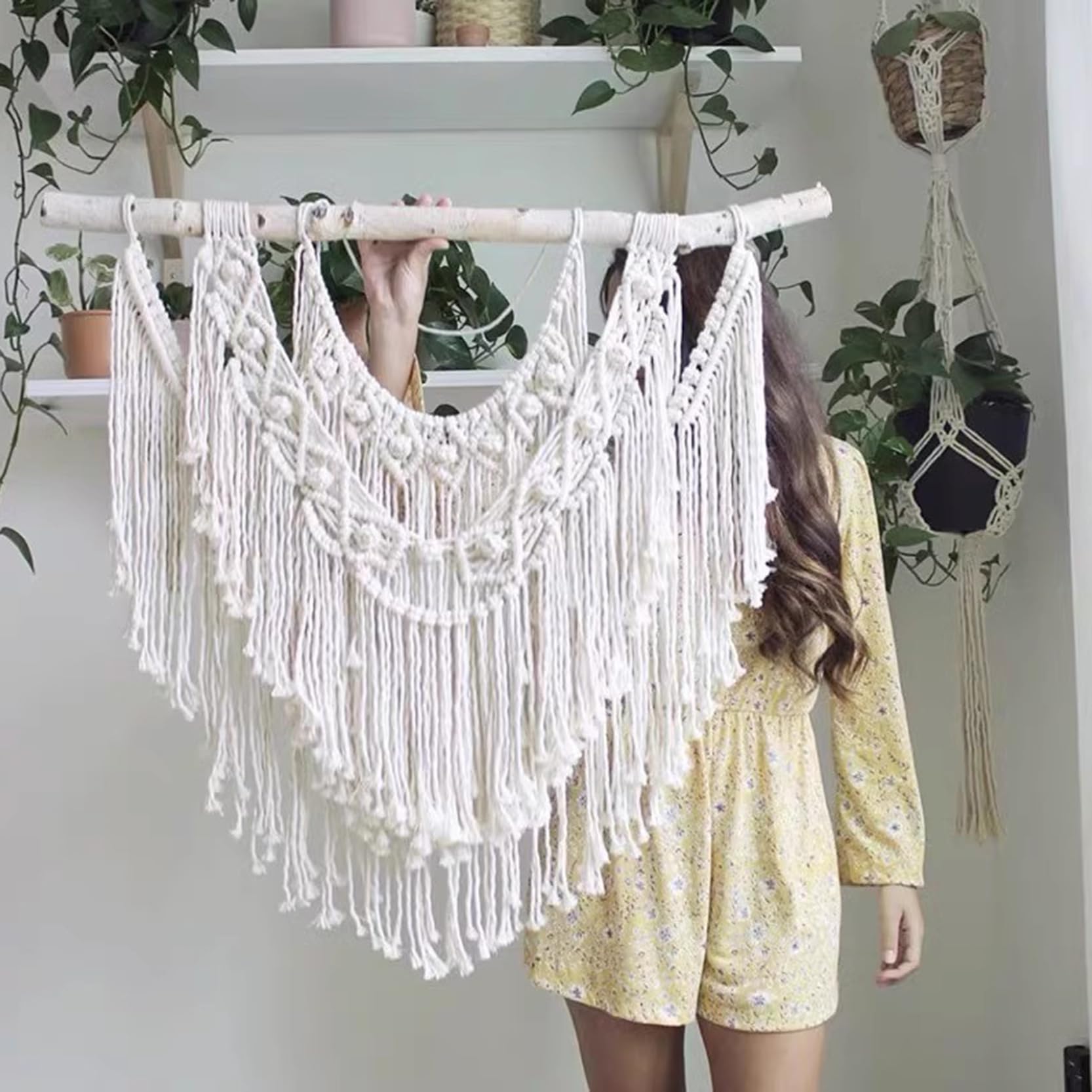 Tapiz de Pared de macramé,decoración Bohemia,Tejido a Mano,Cuerda de algodón Natural,tapices con borlas,Arte de Pared,decoración Bohemia y Elegante para el hogar,Dormitorio,G 75x85cm
