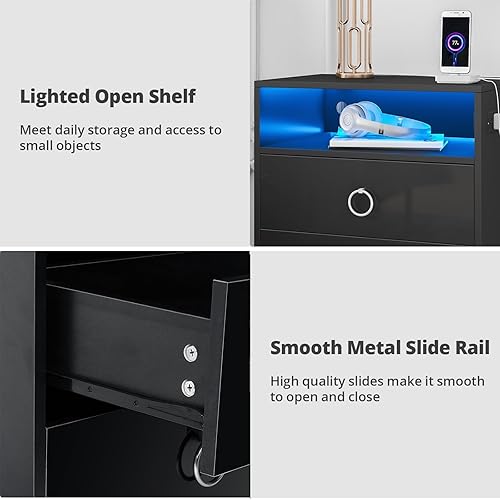 Miniatura 8 de HOMMPA Mesita de noche LED con estación de carga, mesita de noche negra con estante abierto, mesa de noche con 2 cajones, mesita de noche