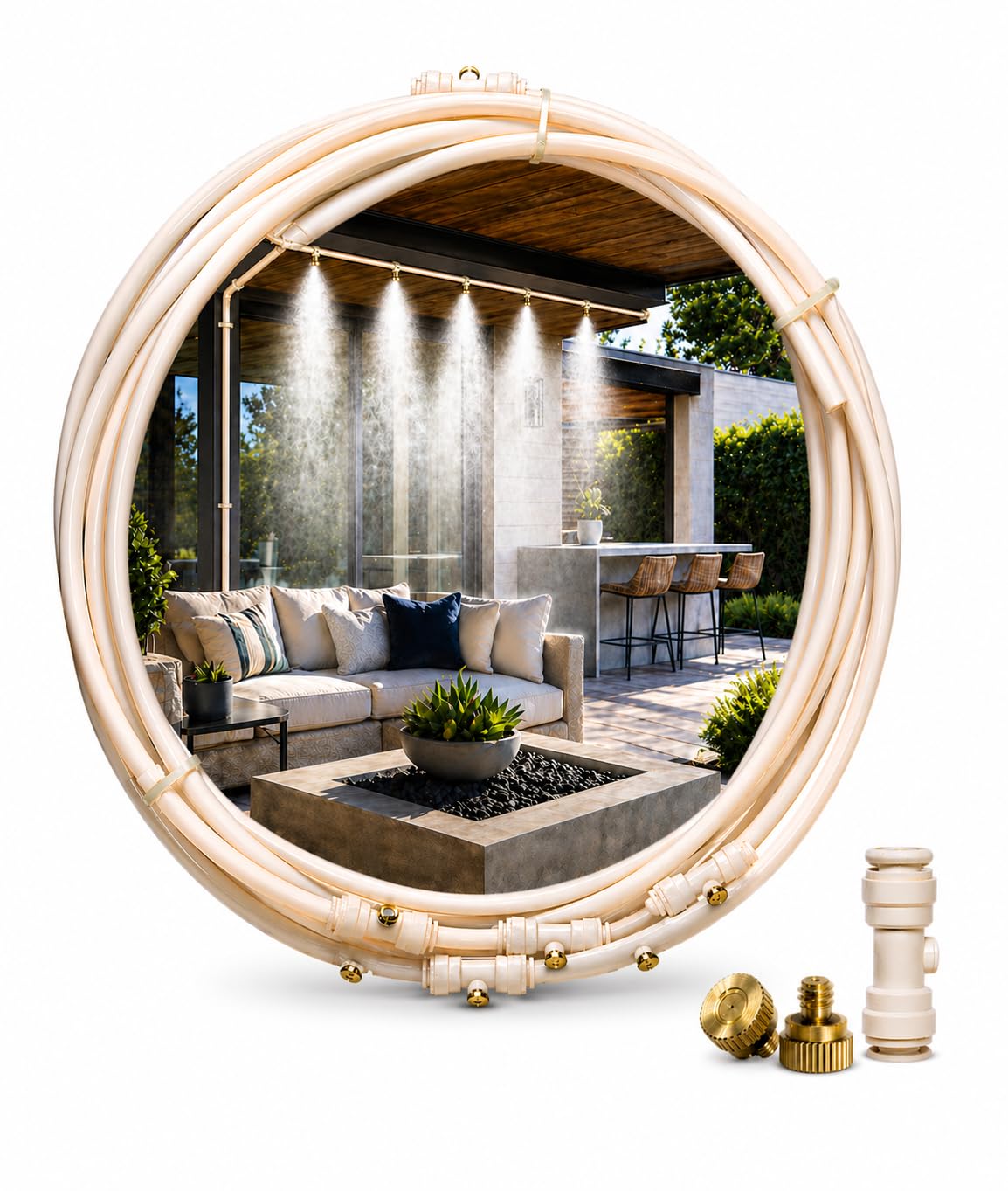 O'FRESH Nebulizador para Terraza 15m - Pérgola Parasol - Nebulización de exterior de alto rendimiento con 12 boquillas de acero inoxidable - 15 metros - Repele mosquitos y plagas voladoras