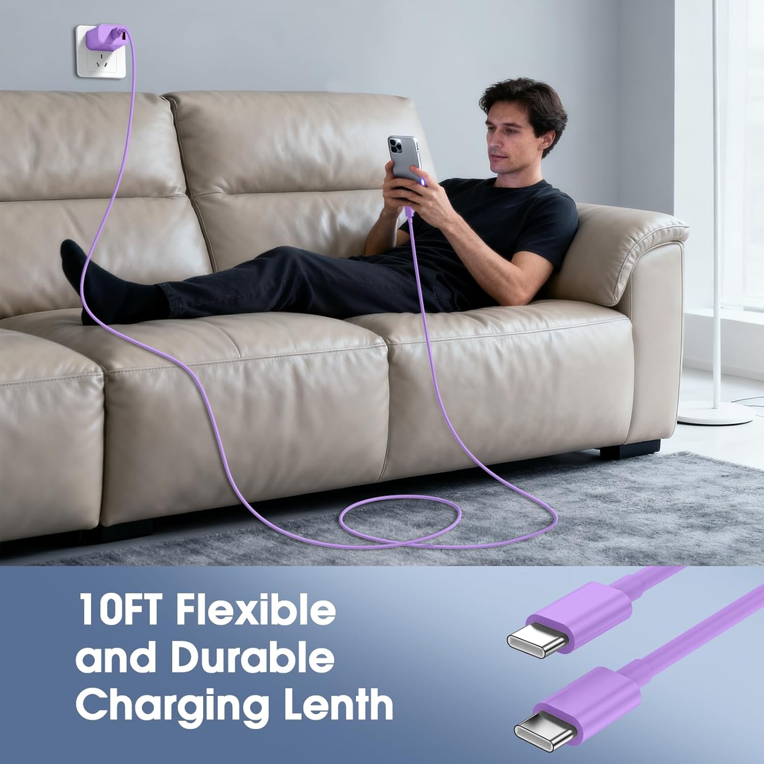 iPhone 17/16/15 Pro/Pro Max Charger, Dual Port USB-C Wall Charger with PD 40W & QC 20W Fast Charging, 10FT USB-C Cable for iPhone, iPad Pro, MacBook M1/M2/M3, Android (Purple, 10 FT)