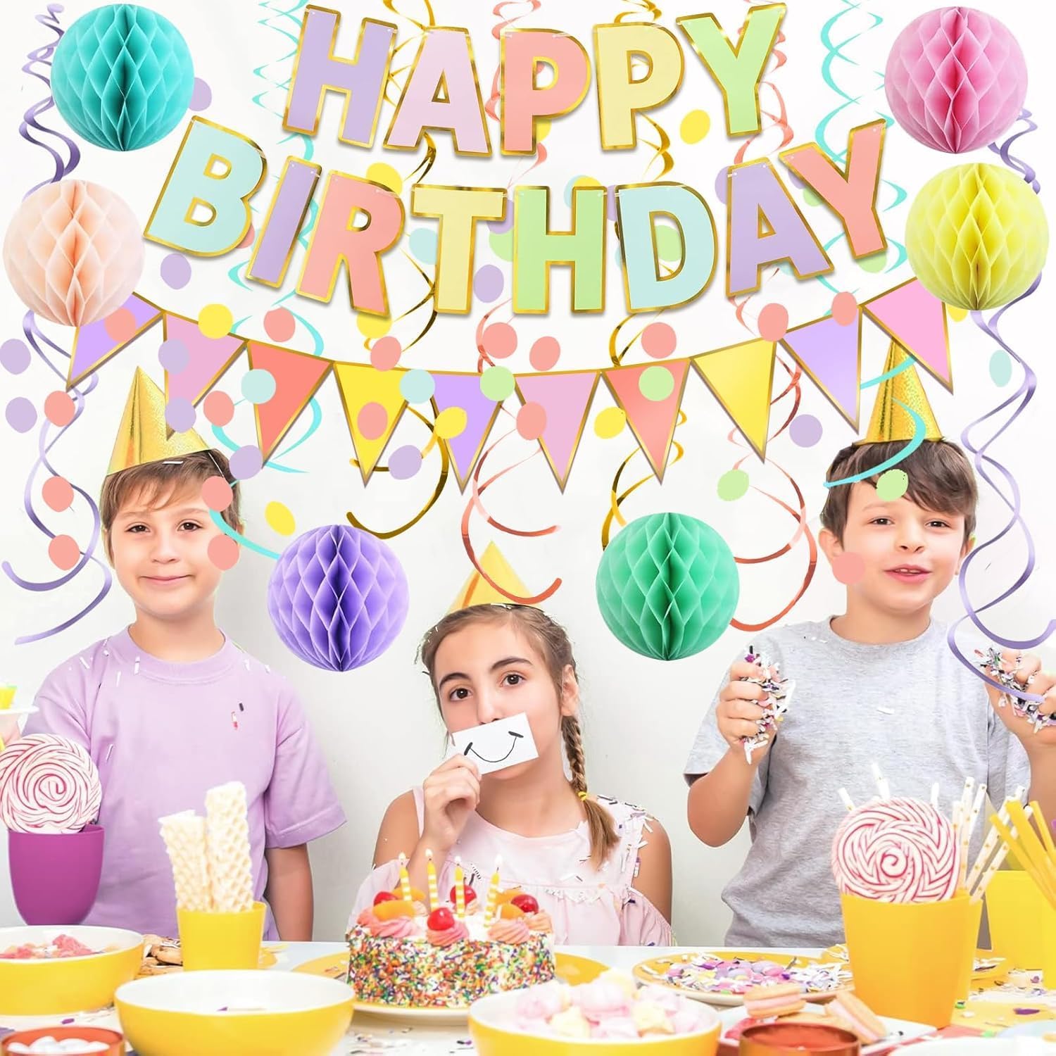 Macaron Superlarge Alphabet Happy Birthday Banner Colorful Flag Bunting Circle Confetti Garland Swirl Streamers Honeycomb Ball for Birthday Party Decorations