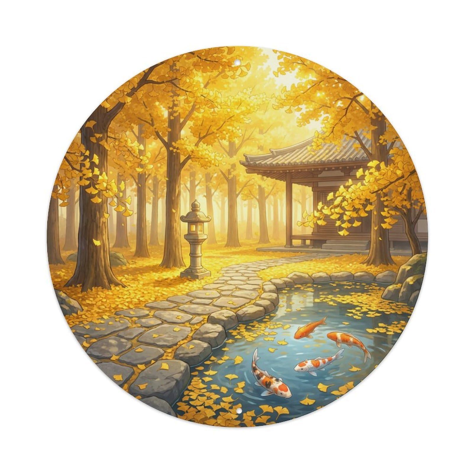 Galvaxio Style Japanese Koi Fish Autumn Ginkgo Golden Yellow Metal Tin Sign