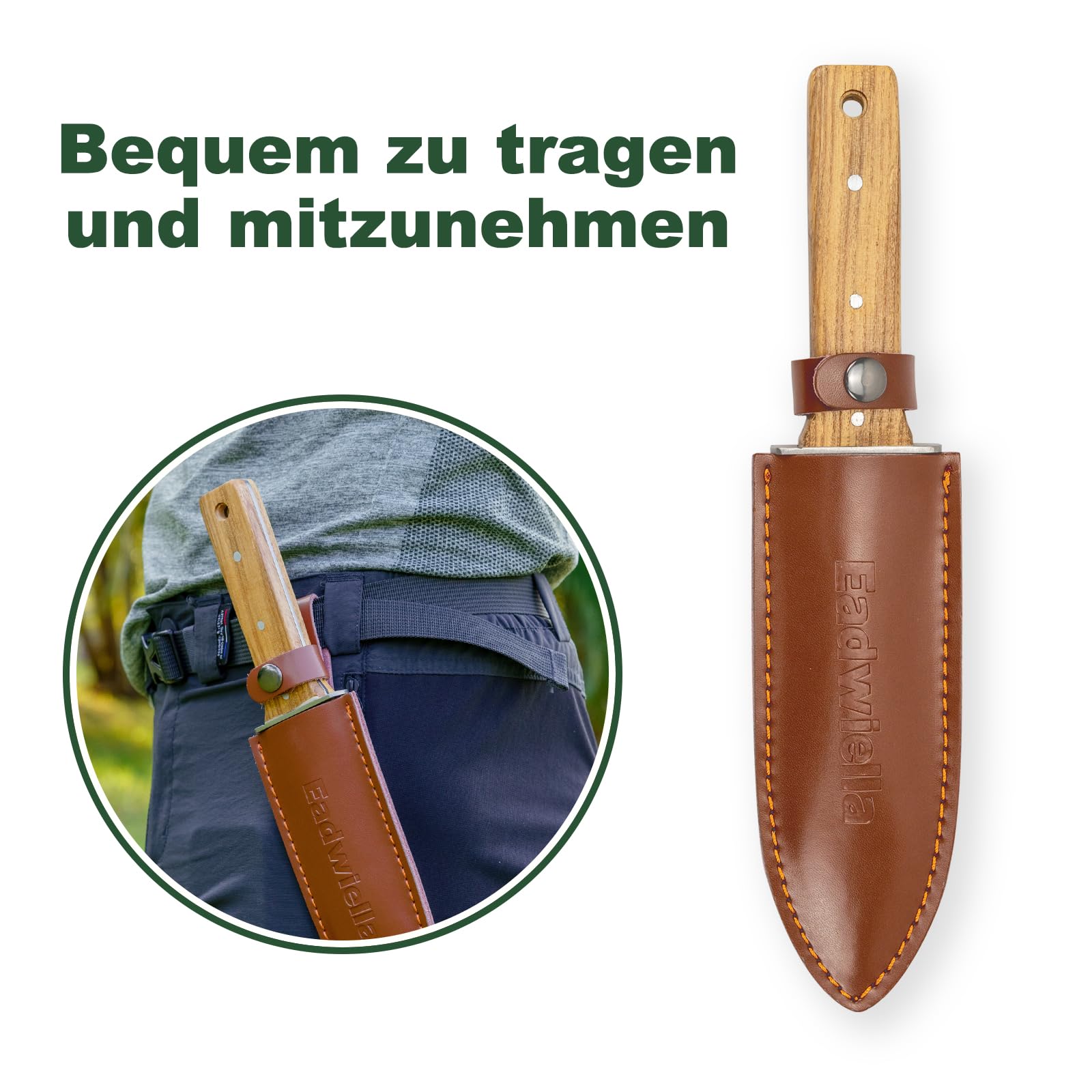 Gartenmesser, Grabungsmesser mit Lederhülle zum Graben, Pflanzen und Beschneiden, Ideales Gartengerät mit 150-mm-Tiefenmarkierung.