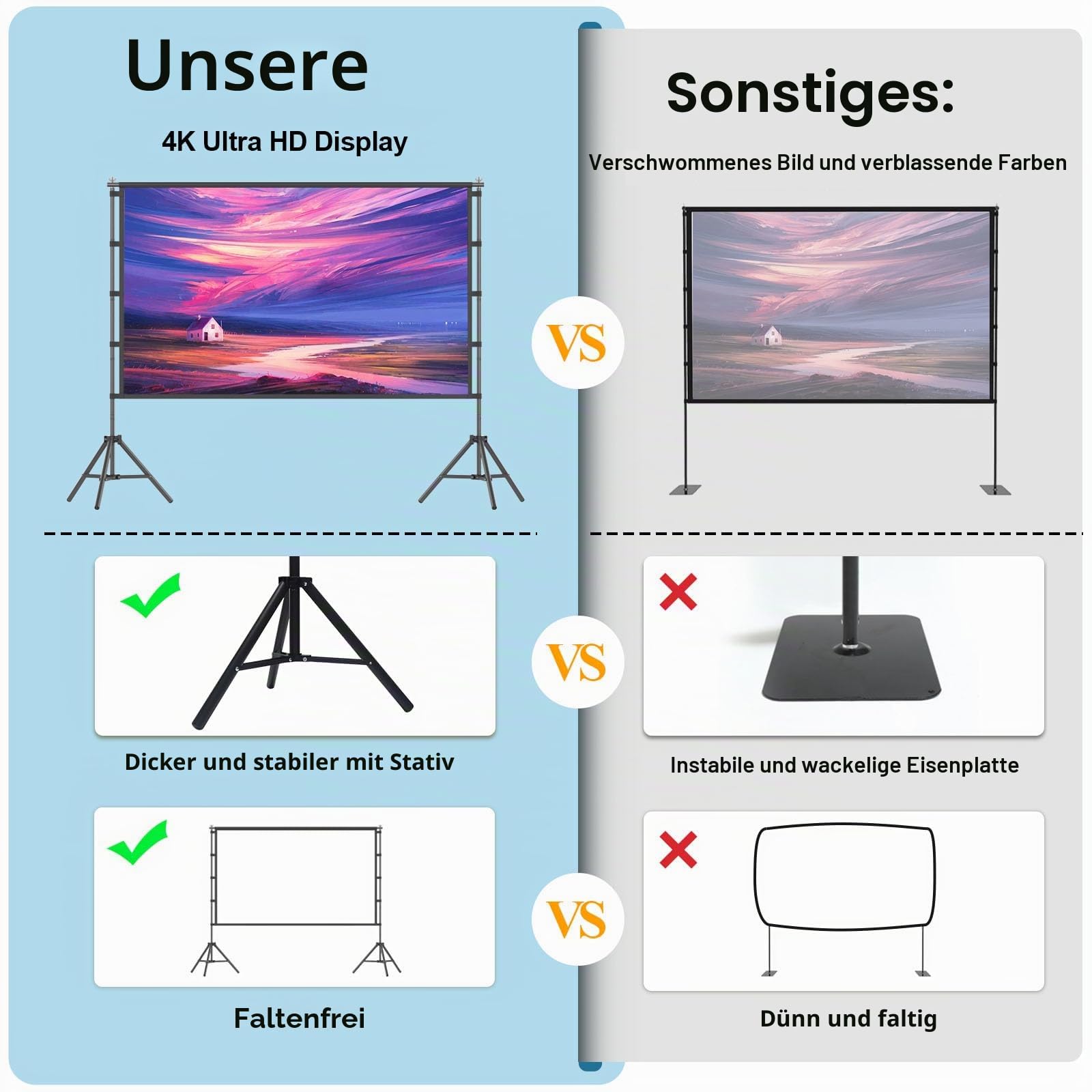 TOWOND Projektor-Leinwand, 100 Zoll (254 cm), tragbare Projektor-Leinwand und Ständer, Outdoor-Projektionsleinwand, 16:9, 4K-HD-Filmleinwand mit Tragetasche für Heimkino und Hinterhofkinoabende