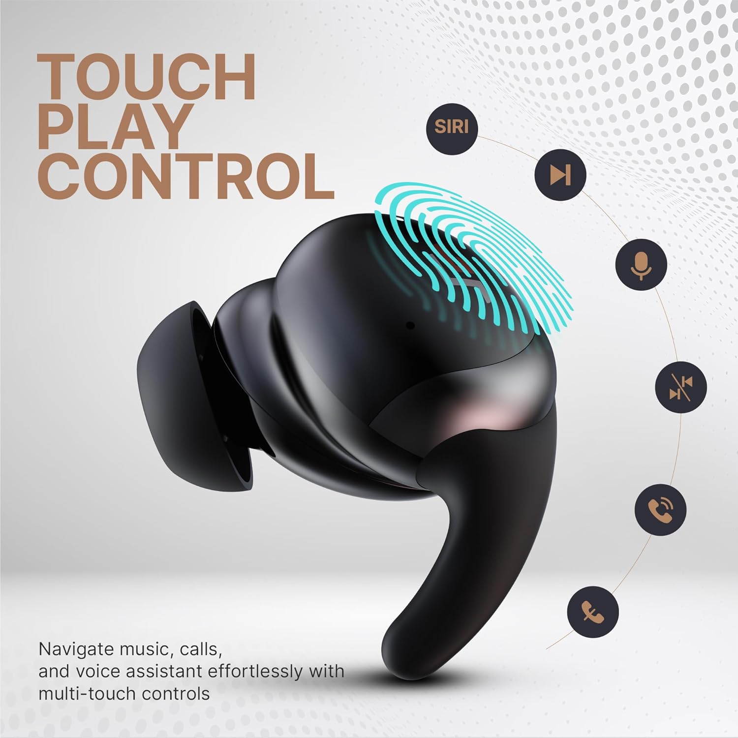 CrossBeats Hertz Ear Bud with touch control functions illustrated: Play/Pause, Next/Previous, Voice Assistant, Volume, ANC