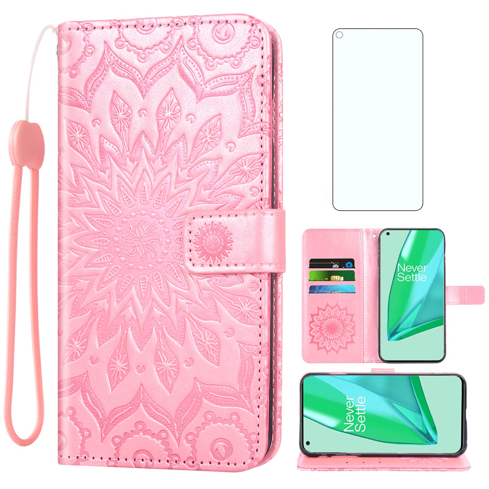 Custodia in pelle flip per OnePlus 9 Pro con design a portafoglio e goffratura, porta carte e supporto Marrone