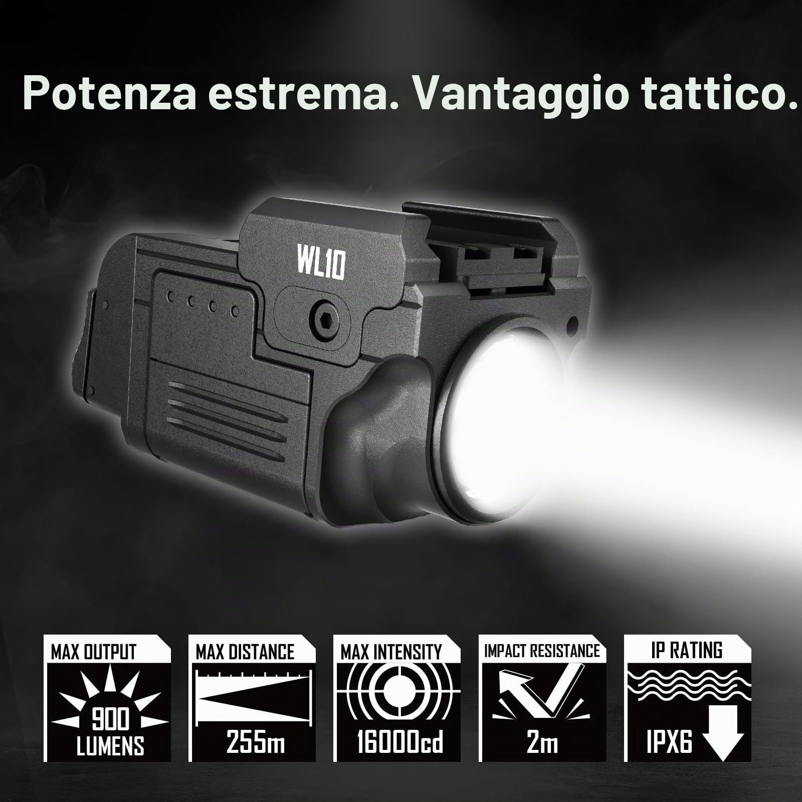 AIMWIN per Pistola 900 Lumen – Torcia LED Compatta Ricaricabile Montata su Slitta per Pistole, Impermeabile, Resistente, Alta Potenza – Compatibile con Glock, Slitta Picatinny 1913