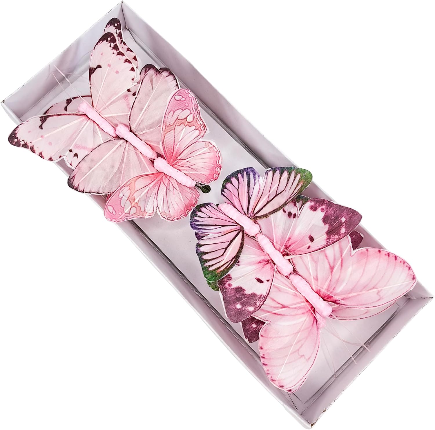 YCHTEWY-Feather Fake Butterfly for Craft Decoration Set of 12 with Wire Pink Wedding Home Flower Pot Christmas Party Spring Home Decor Floral