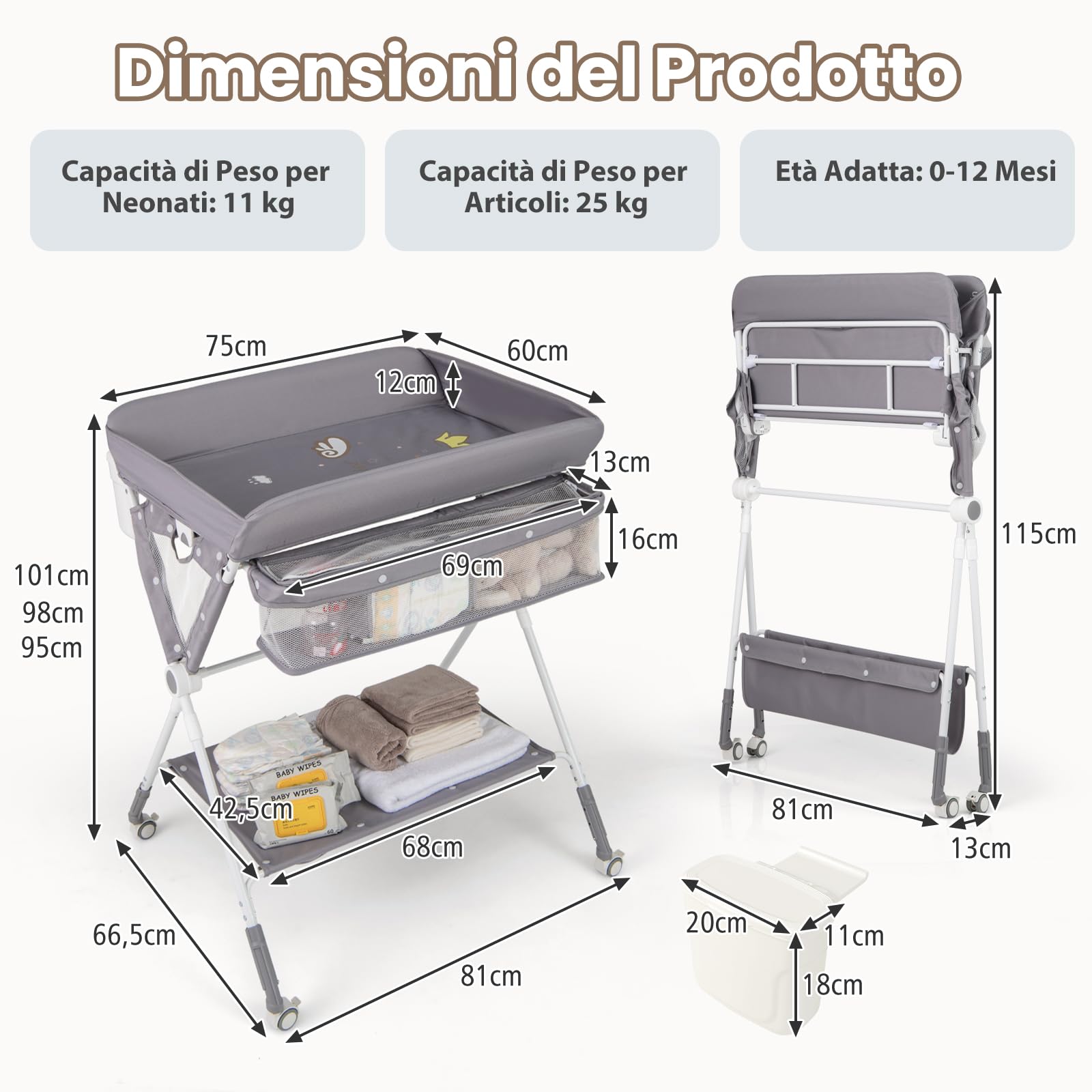RELAX4LIFE Cambiador de Bebé Plegable con 4 Ruedas Giratorias con Frenos, 3 Alturas Ajustables, Cestas de Almacenamiento y Cinturón de Seguridad, Cambiador Bebe Mueble para Bebé 0-12 Meses (Gris)
