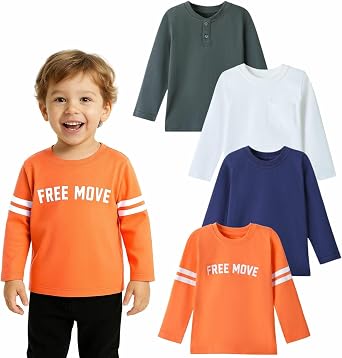 HILEELANG Kids Long Sleeve T-Shirt 4 Pack 18M7Y Soft Cotton Crewneck Tops for Boys & Girls Everyday Wear