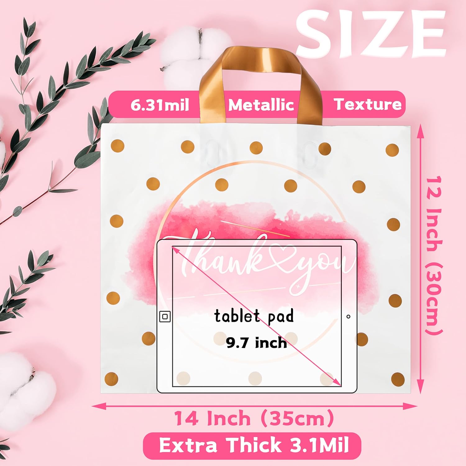 Thank You Bags - 50 Pack Extra Thick Plastic Shopping Bags for Small Business, Boutique, Office, Party (12X14 IN) - Image 2