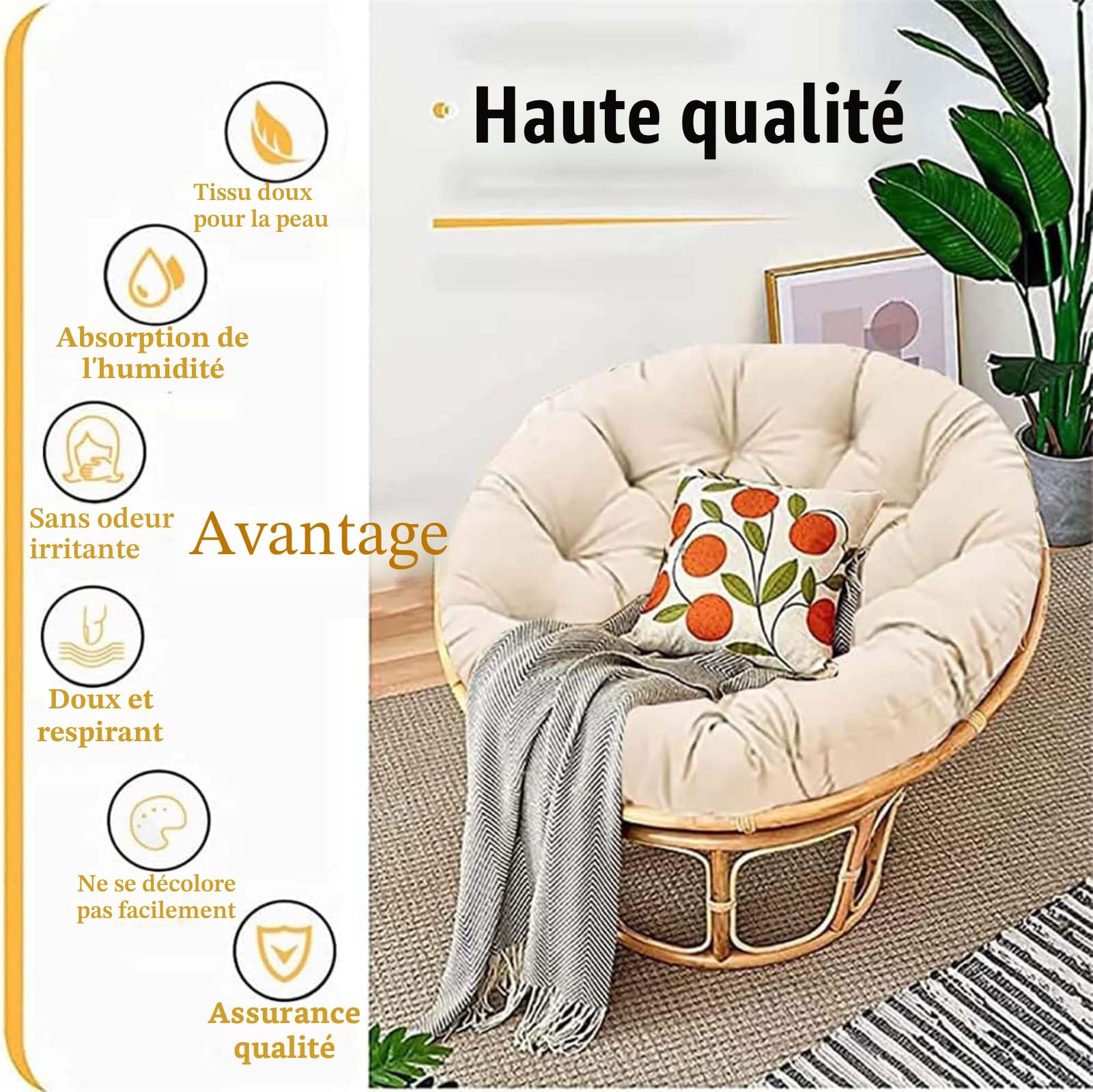 Coussin de chaise suspendue - Coussin de siège rond épais style nid douillet en coton pour chaise papasan, hamac, radar, chaise en forme d'œuf - Utilisation intérieure/extérieure - Pour balcon
