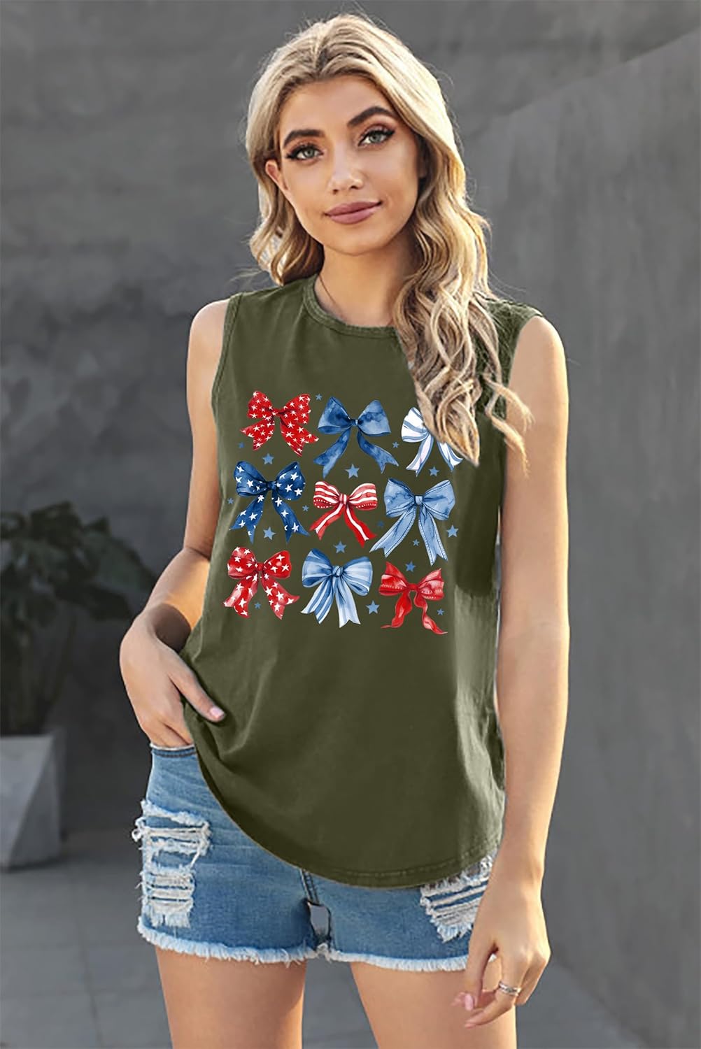 American Flag Tank Top Women Patriotic Bow Ribbons Sleeveless Shirt 4th of July Summer Vest Tops - Image 3