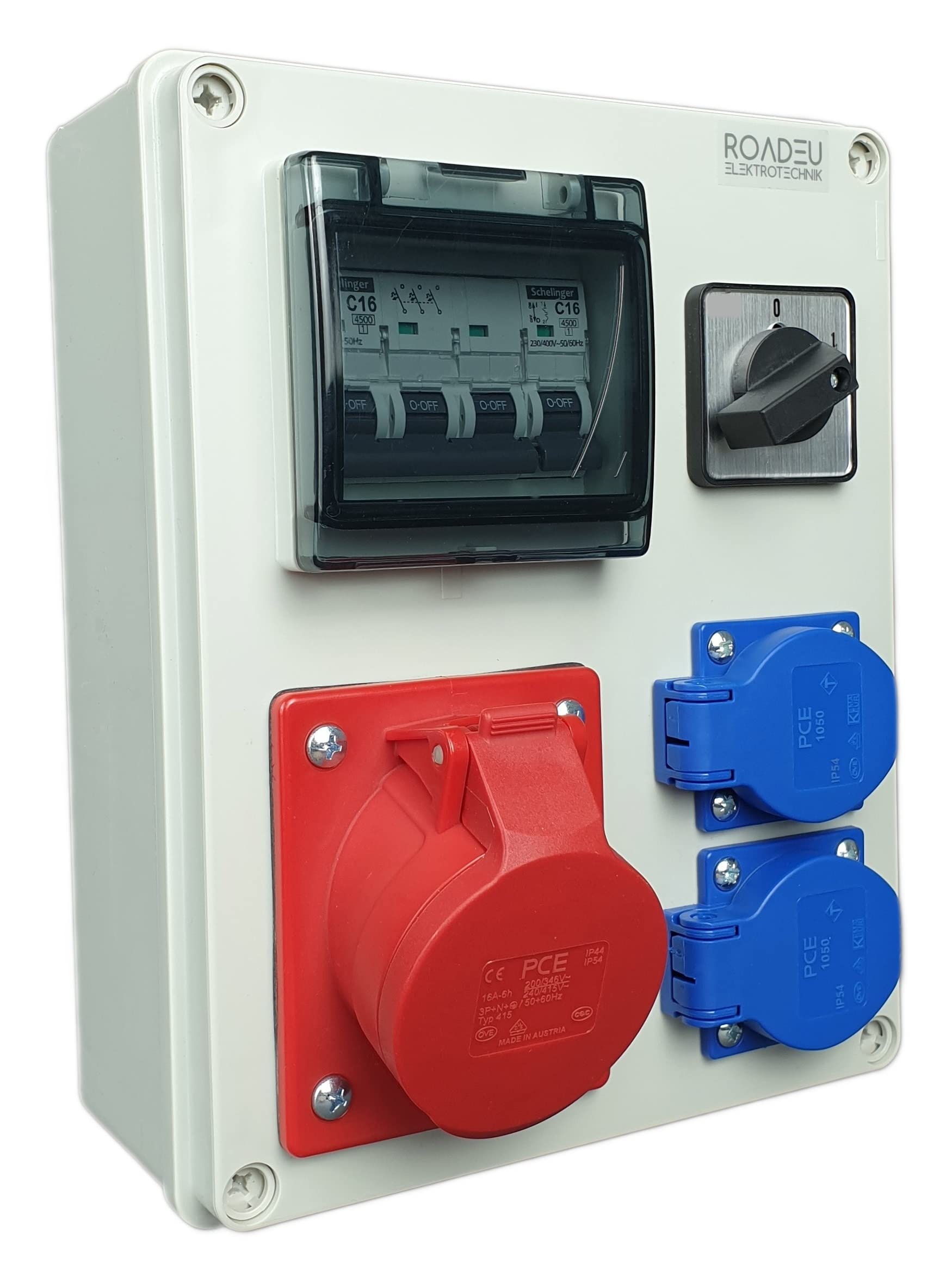 RoadEu Stromverteiler 16A 5P, 2x Schuko Steckdosen mit Hauptschalter 0-1. CEE Verteiler mit Sicherungsautomat C 16A 3P, C 16A 1P. Baustromverteiler 16A. Stromverteiler Aussen Wasserdicht IP44