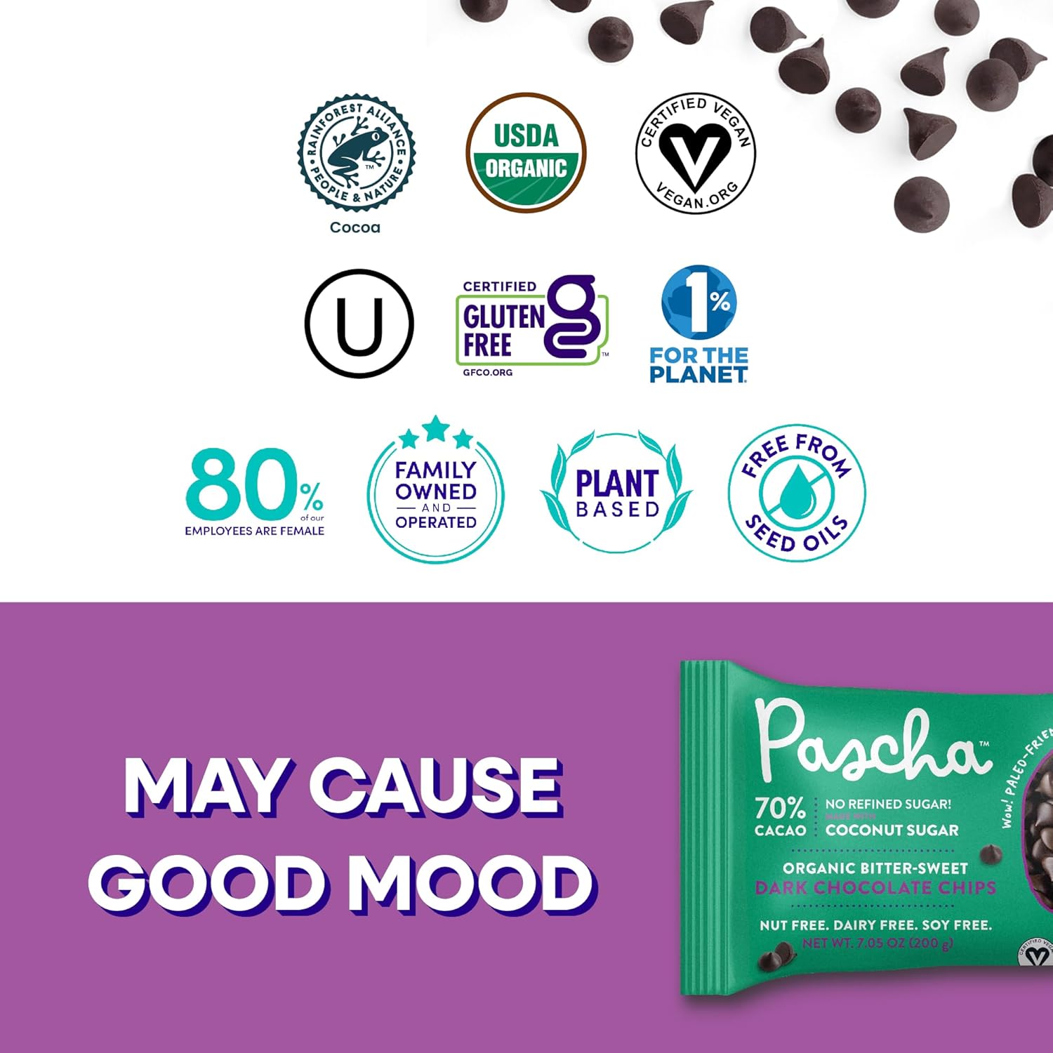 Pascha Organic 70% Cacao Baking Chips - Bittersweet Dark Chocolate with Coconut Sugar - Vegan, Non-GMO, Rainforest Alliance Certified - Allergen-Free (Pack of 8)