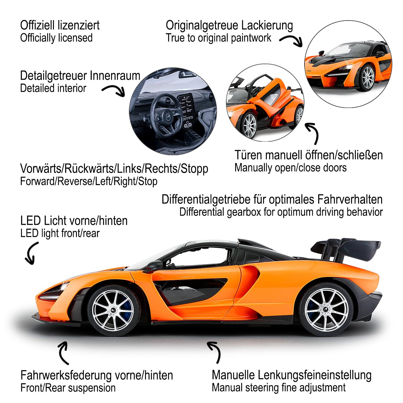 JAMARA 403119 - McLaren Senna 2,4 GHz 1:14 - samochód RC, oficjalnie licencjonowany, do 1 godziny czasu jazdy, ok. 11 km/h, światło LED, ręczne otwieranie drzwi, idealnie odtworzone szczegóły,