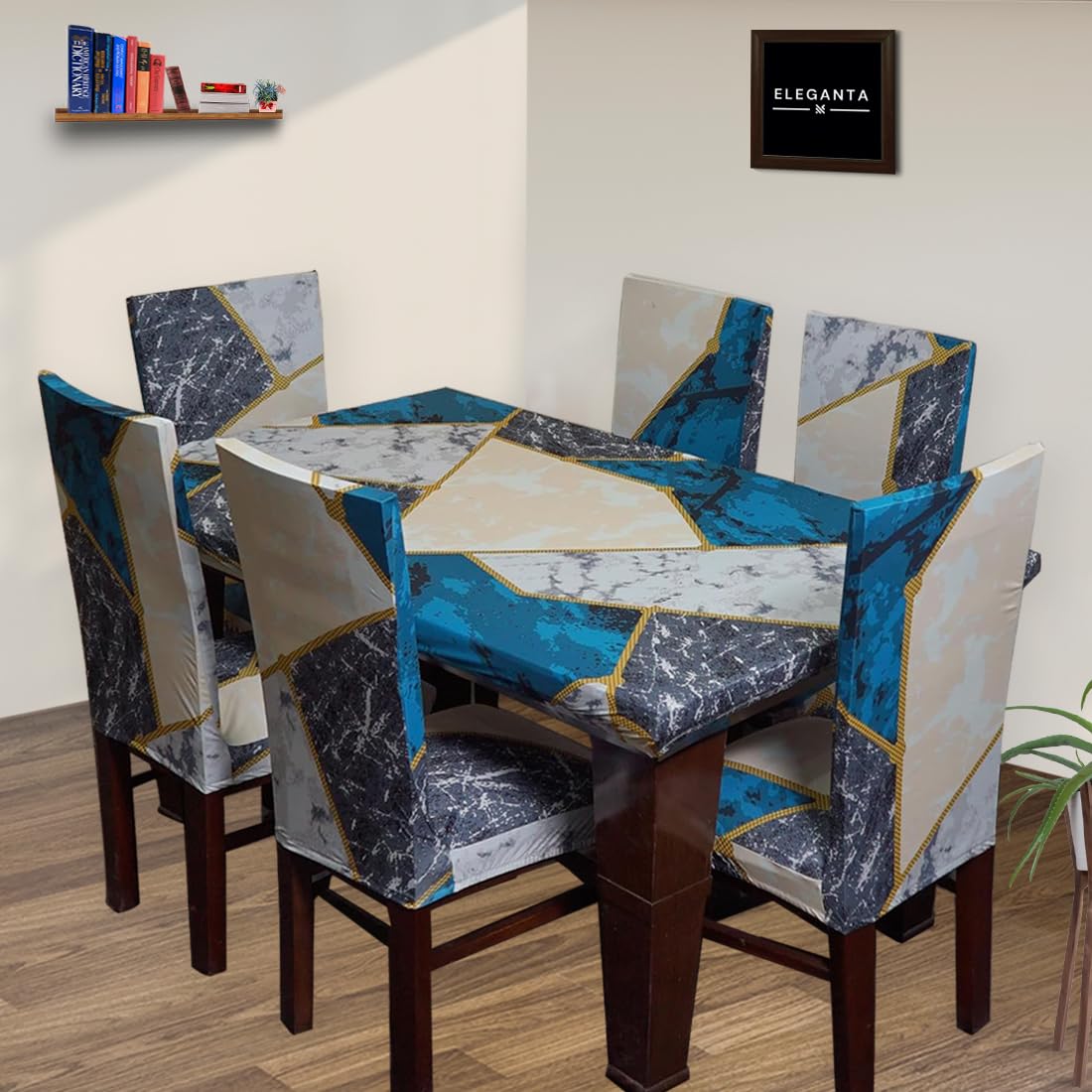 ELEGANTA Printed Table Cover with Chair Covers with Matching Elastic Cover | Set of 4 | Stretchable Polyester Spandex & Seat Case Protector | 1 Table Cover + 4 Chair Covers (White & Teal Marble)-picture-10